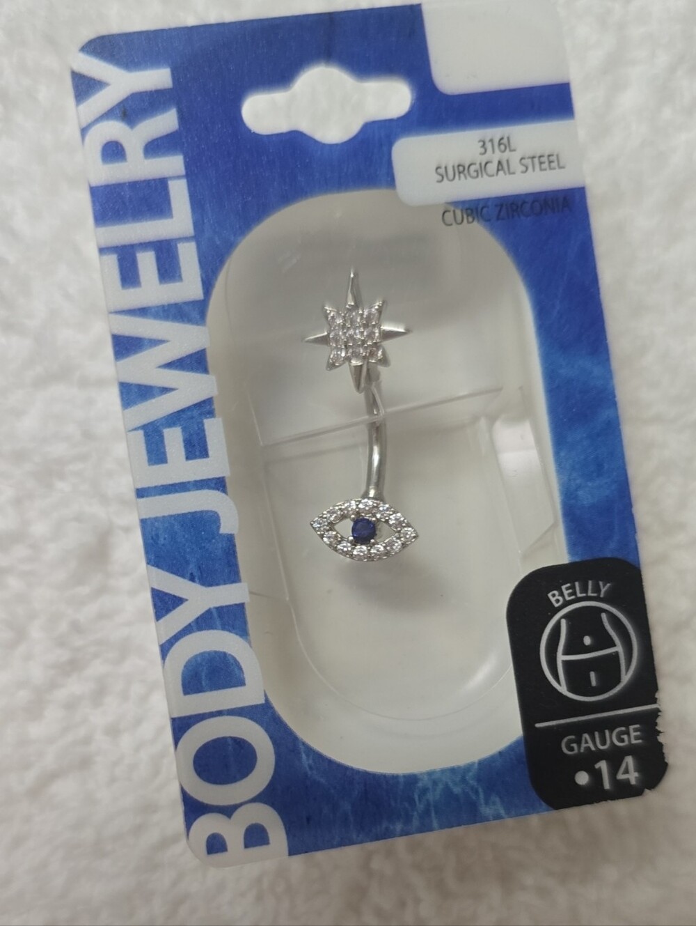 Silver Surgical Steel Belly Ring with Blue Eye and Star Accent